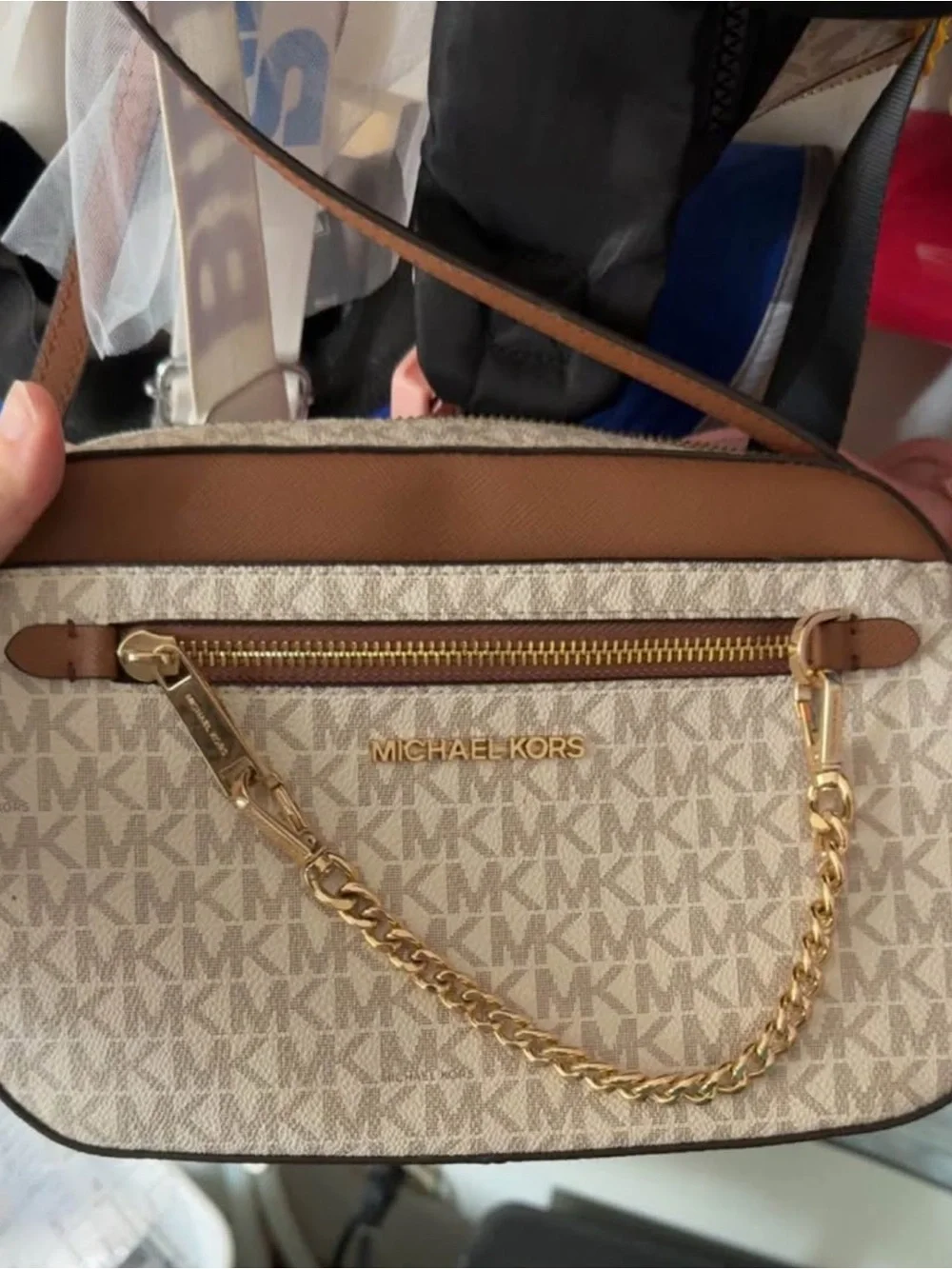 Michael Kors Cream Logo Crossbody with Brown Trim and Gold Chain